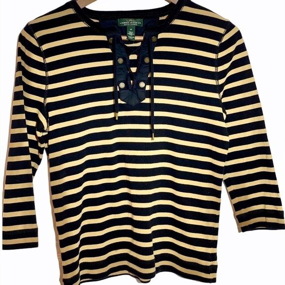 Ralph Lauren Jeans striped top lace-up tan black M - Picture 1 of 10